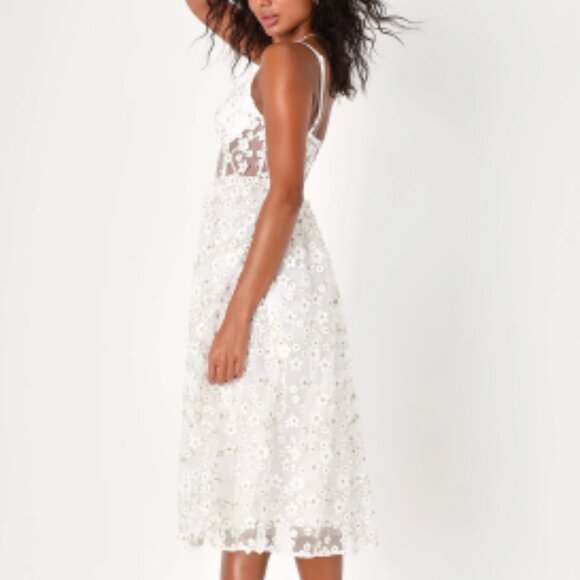 Lulu's Darling Romance White Tulle Floral Applique Bustier Midi Dress - Picture 3 of 4
